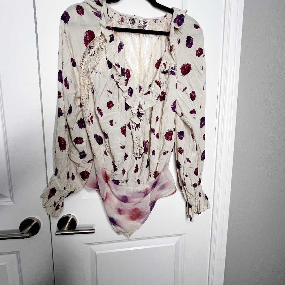 Free People Floral Poppy Printed Bodysuit Ruffle lace Cream Size S Pink - Picture 3 of 14